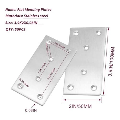 50PCS Silver Flat Mending Plates,304 Stainless Steel Brace Straight Mending Joining Plates, Metal Straight Brackets for Brace, Furniture,Wood,Cabinet,4X2X0.08IN - size: 4X2X0.08IN