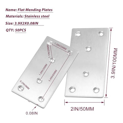 50PCS Silver Flat Mending Plates,304 Stainless Steel Brace Straight Mending Joining Plates, Metal Straight Brackets for Brace, Furniture,Wood,Cabinet,4X2X0.08IN - size: 4X2X0.08IN