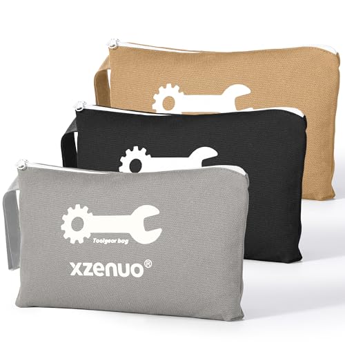 Small Tool Bag, 16oz 12 inch Tool Pouches with Zipper, Canvas Storage Bags for Travel Work Motorcycle Car Tools Pencils Men, Black/Khaki/Grey, 3 Pack - color: Black, Khaki, Grey