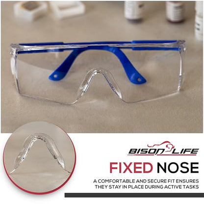 BISON LIFE Anti Fog Clear Safety Glasses with Adjustable Temple & Side Protection, Wraparound Anti-Scratch Lens, Clear Lens & Blue Temple, Lab Goggles, Mowing, Gardening & More (Pack of 3) - color: Clear/Blue