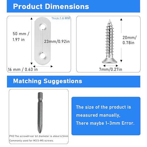 16 Pack Flat Plate Straight Brackets 50MM Stainless Steel Flat Metal Braces,Repair Bracket with Screws - size: 50mm / 16 Pcs