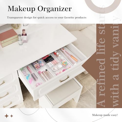 Criusia 14 PCS Clear Plastic Drawer Organizer Set - 5 Large Size Versatile Kitchen and Bathroom Organizer Trays, Non-Slip Storage Bins for Makeup, Utensils, Tool and Office Desk - size: 14pack