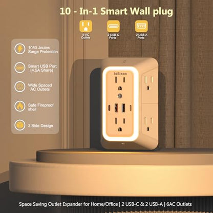 Wall Outlet Extender with Night Light, Power Plug Adapter Multi Plug Outlet Surge Protector with 4 USB Charging Ports (2 USB C), Adapter Spaced Outlets for Home Travel Office - color: White with Night Light