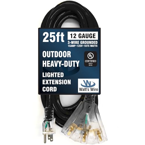 25 ft Outdoor Extension Cord Waterproof - 12 Gauge Heavy Duty Extension Cord 25 ft - Lighted Outdoor Extension Cords with Multiple Outlets - Watts Wire - 25' Grounded - extensiones electricas - size: 25 Ft