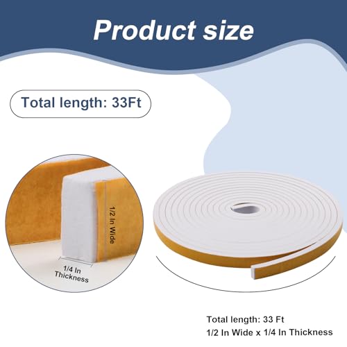 Weather Stripping Door Seal Foam Tape for Doors Windows 1/2 Inch W x 1/4 Inch T 33 FT Strong High Density Foam Insulation Strips Adhesive Tape White - size: 1/2 Inch W x 1/4 Inch T 33 Ft White
