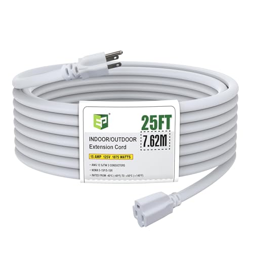 EP 12/3 25 FT Indoor Outdoor White Extension Cord Waterproof, 12 Gauge 3 Prong Power Cord Flexible Resistant Appliance Extension Cable Electric Cable Outside, 15A 1875W 12AWG SJTW, ETL Listed - color: White, size: 25ft