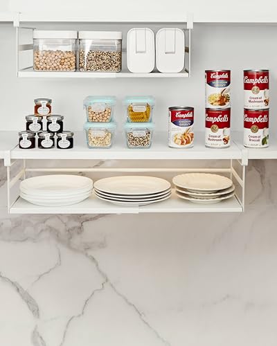 Under Shelf Storage Basket, 2 Pack Hanging Baskets Under Cabinet Shelf Organizer, Expandable Add-On Space Saver Pantry Kitchen Bookshelf Cupboard Slide-in White Heavy-Duty Wider Size - size: 13.19-23.03" W × 8.66" D × 6.30" H