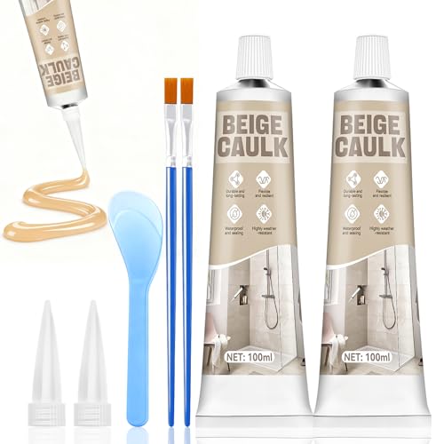 Beige Caulk, 200g Silicone Caulk for Bathroom Shower Kitchen Tile Floor Sealing, Waterproof, Stronger Adhesion, Shrink & Crack Proof, with a Scraper for Applying Evenly, 100g*2 - style: Beige