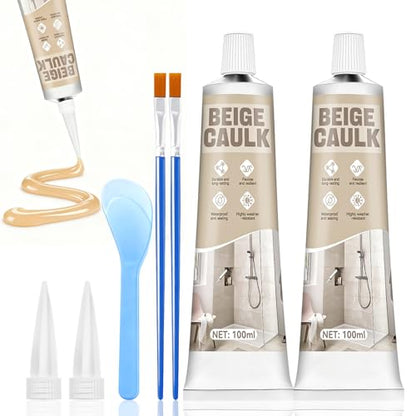 Beige Caulk, 200g Silicone Caulk for Bathroom Shower Kitchen Tile Floor Sealing, Waterproof, Stronger Adhesion, Shrink & Crack Proof, with a Scraper for Applying Evenly, 100g*2 - style: Beige