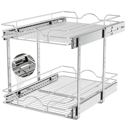 OCG 2 Tier Pull Out Cabinet Organizer (14" W x 21" D), Pull Out Drawers for Kitchen Cabinets, Pull Out Shelves for Base Cabinet Organization in Kitchen Bathroom Pantry, Chrome Finish - size: 14"w X 21"d, 2 Tier