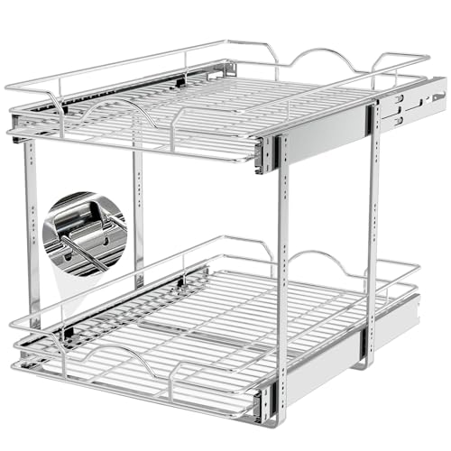 OCG 2 Tier Pull Out Cabinet Organizer (14" W x 21" D), Pull Out Drawers for Kitchen Cabinets, Pull Out Shelves for Base Cabinet Organization in Kitchen Bathroom Pantry, Chrome Finish - size: 14"w X 21"d, 2 Tier