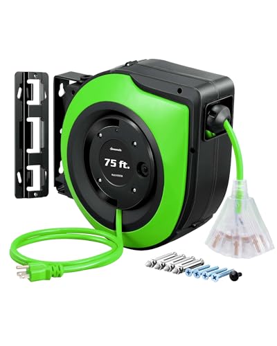 DEWENWILS Retractable Extension Cord Reel, 75 FT Heavy Duty Power Cord, 14/3C SJTOW Retractable Cord Reel, Lighted Triple Outlets, 10A Circuit Breaker, Wall/Ceiling Mount, UL Listed, Green - color: Green