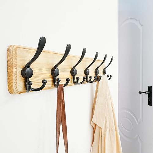 Dseap Coat Rack Wall Mounted - 24" Long 6 Tri Hooks, Heavy Duty Wooden Wall Coat Hanger Coat Hook for Clothes Hat Jacket Clothing, Weathered Light Natural and Black, Pack of 2 - color: Light Brown & Black, size: L=24"