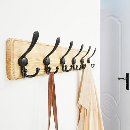 Dseap Coat Rack Wall Mounted - 24" Long 6 Tri Hooks, Heavy Duty Wooden Wall Coat Hanger Coat Hook for Clothes Hat Jacket Clothing, Weathered Light Natural and Black, Pack of 2 - color: Light Brown & Black, size: L=24"