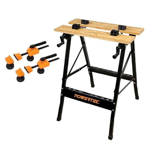 POWERTEC MT4006C Portable Workbench w/Bench Dogs & Clamps | Folding Sawhorse Worktable w/4 Bench Dogs & 2 Quick Release Bench Dog Clamps, Imprinted Ruler and Protractor Scale for Woodworking Projects