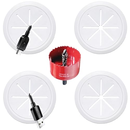 4 Pack TV Wire Hider for Wall, 1.97 Inch (50mm Hole) Cord Hider in Wall Cable Management Kit, Includes 4 Pass Throughs and 1 Hole Saw Drill Attachment Easy to Install - size: 50mm - 4 Pack
