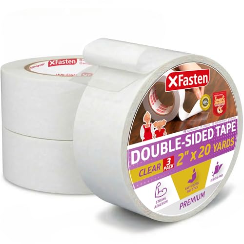 XFasten Removable Double Sided Tape Clear 2 inch x 20 Yards (Pack of 3, 180 Feet Total) Transparent Residue-Free Clear Double Sided Tape Heavy Duty for Crafts, Wall, Fabric, Dress, and Carpet - size: 2 Inch X 20 Yards (3-pack)