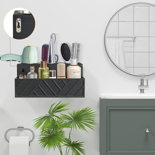 Unistyle Hair Tool Organizer, Wall Mounted, Bathroom Countertop, Vanity Organizer, Black, Wooden, Rectangular, Rustic, Art, 7.1 x 5.3 x 5.3 Inches, Paulownia Wood & Stainless Steel, 1.87 Pounds - color: Carving-Black