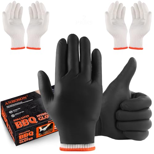 ANBOSON BBQ Gloves for Cooking Baking Grilling, 100 Count Disposable Black Nitrile Gloves and 4 Count Cotton Glove Liners Washable (6mil Nitrile, Large) - size: Large, style: 6mil Nitrile
