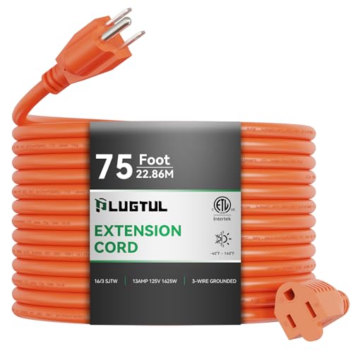 Outdoor Extension Cord 75 FT Waterproof, 16/3 Gauge Heavy Duty 3 Prong Extension Cord, 13A 1625W SJTW, ETL Listed, Great for Garden and Home, Orange - size: 75FT