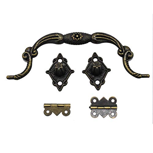 Antique Jewelry Box Lock Latch Hasp Hinges Handle Corner Protectors Kit for DIY Bronze Tone 2 Sets 24Pcs