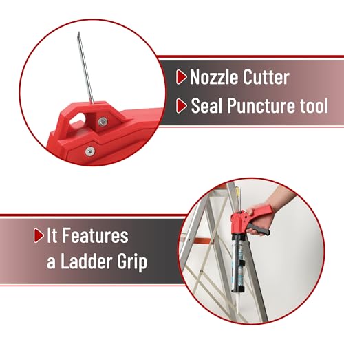 Bates- Caulking Gun Tool, 10:1 Thrust Ratio, Black & Red, 360° Rotating Plastic Barrel, Caulk Gun with Spout Cutter, Seal Puncture Tool, Built-in Scraper and Finishing Tool