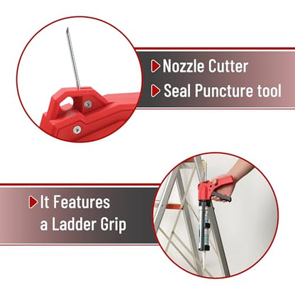 Bates- Caulking Gun Tool, 10:1 Thrust Ratio, Black & Red, 360° Rotating Plastic Barrel, Caulk Gun with Spout Cutter, Seal Puncture Tool, Built-in Scraper and Finishing Tool