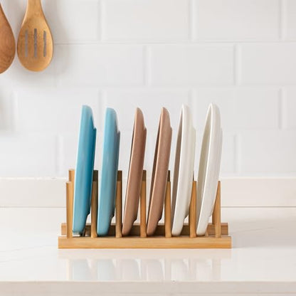 HBlife Bamboo Dish Plate Bowl Cup Book Pot Lid Cutting Board Drying Rack Stand Drainer Storage Holder Organizer Kitchen Cabinet（Keep Dry） - color: Bamboo 6 Slots 1pcs