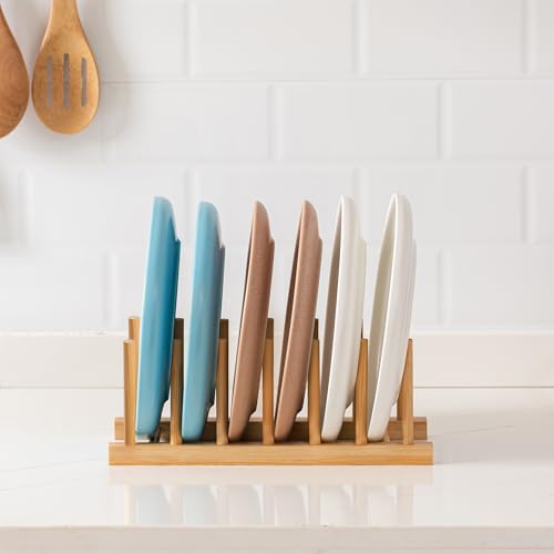 HBlife 2pcs Bamboo Dish Plate Bowl Cup Book Pot Lid Cutting Board Drying Rack Stand Drainer Storage Holder Organizer Kitchen Cabinet（Keep Dry） - color: Bamboo 6 Slots 2pcs