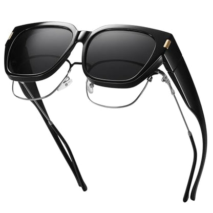HAOLOTA Polarized Fit Over Glasses Sunglasses for Women Men Trendy Square Wrap Around Shades UV Protection - color: L Size 01 Black/Grey