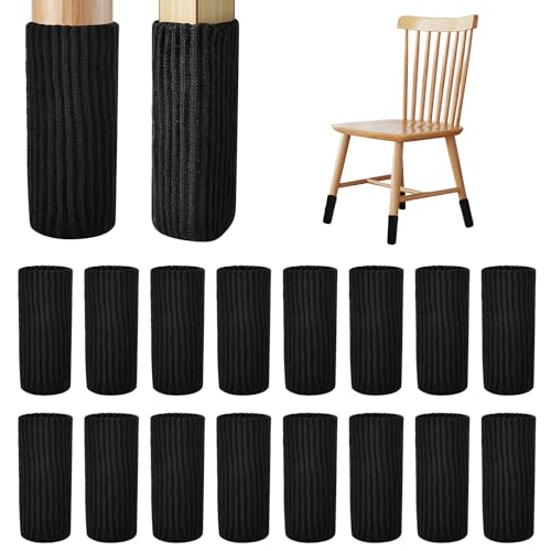 16 PCS Black Furniture Leg Socks - Knitted Chair Leg Floor Protectors for Hardwood Floors - Fits Round and Square Legs - High Elastic Bar Stool Chair Leg Covers Furniture Caps Set for All Shapes - size: 16 Pcs Black
