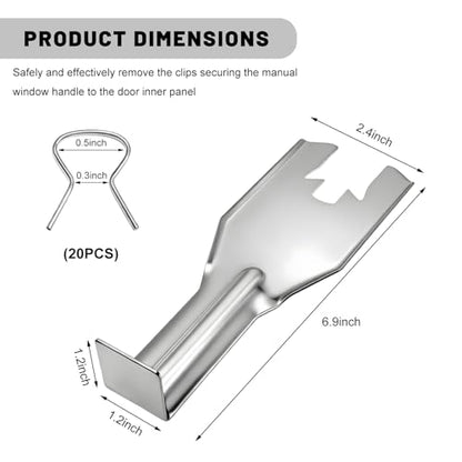 Sun Walker 76951 Window Handle Removal Tool with 20 Fixing Clips, 76980 Metal Car Door Panel Crank Retainer Clip Repair Tool Set, Window Crank Securing Clip Remover Kit for Most Vehicles