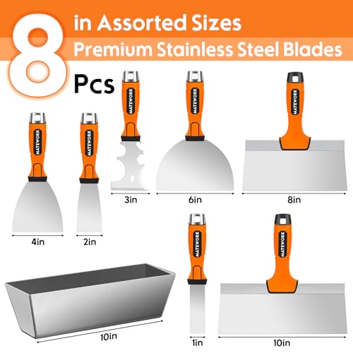 Matework Drywall Tools, 8-Piece Stainless Steel Drywall Knife Set, Putty Knives with Mud Pan, Tapping Knife with Hammer End and Ergonomic Grip for Wall Repair - color: 8 Pc