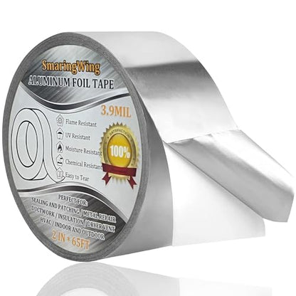 Aluminum Foil Duct Tape Heavy Duty Waterproof, Premium Silver Metal HVAC Heat Tapes (2"*65Feet,3.9mil), High Temperature, Dryer Vent Insulation Tape for Ductwork, Ducting, Sealing, Patching, Furnace - size: 1-Pack