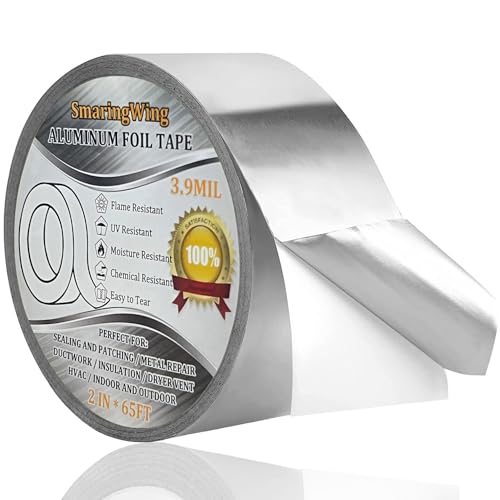 Aluminum Foil Duct Tape Heavy Duty Waterproof, Premium Silver Metal HVAC Heat Tapes (2"*65Feet,3.9mil), High Temperature, Dryer Vent Insulation Tape for Ductwork, Ducting, Sealing, Patching, Furnace - size: 1-Pack