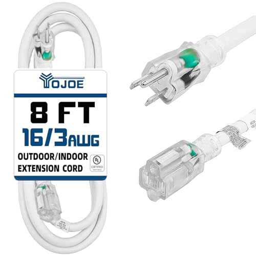YOJOE Indoor Outdoor Extension Cord with Lighted End, 3 Prong 13A Weatherproof Power Cord, 16 Gauge Heavy Duty 8 ft White Extension Cord for Garage, Garden and Home, 16/3 SJTW UL Listed - color: White, size: 8 Foot, style: 16/3 Lighted-End