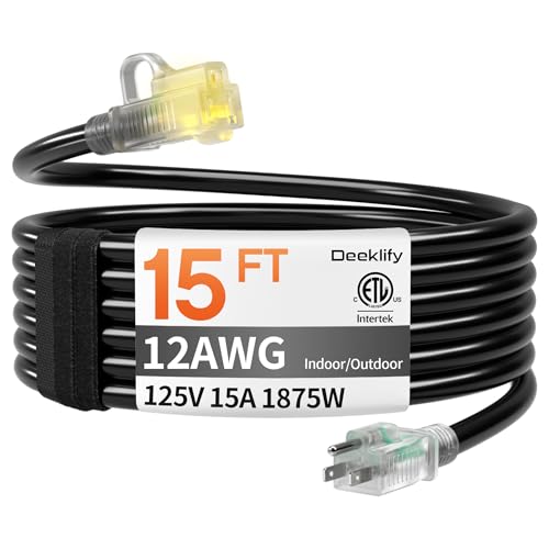 12AWG 15 FT Heavy Duty Outdoor Extension Cord Waterproof with Lighted End,Black 12 Gauge Extension Cord Flexible and Cold Resistant 3 Prong Grounded Plug,15Amp 1875W SJTW ETL Listed - size: 15ft-1pc