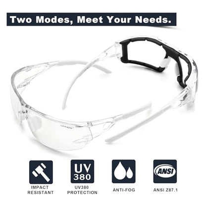 UKNOW Safety Glasses - Anti Fog Wraparound Lenses - Removable Foam Gasket - ANSI Z87.1 Protective Eyewear - Impact Resistant - color: White