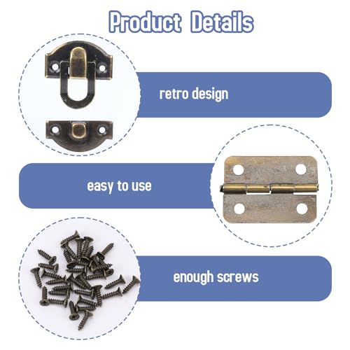 Antique Bronze Wooden Box Hinges and Latches with Matching Screws Kit, Retro Small Hinges for Jewelry Box Mini Bronze Decorative Latch Hook Hinge for Crafts Project, Jewelry Box, Small Cabinet