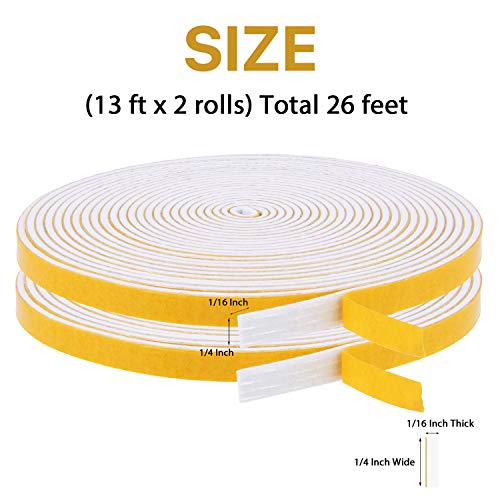 Door Weather Stripping-2 Rolls, 1/4 Inch Wide X 1/16 Inch Thick Total 26 Feet Long, Adhesive Soundproof Foam Seal Tape for Windows and Doors(13ft x 2 Rolls) - size: 1/4" (W) x 1/16" (T) x 26' (L)