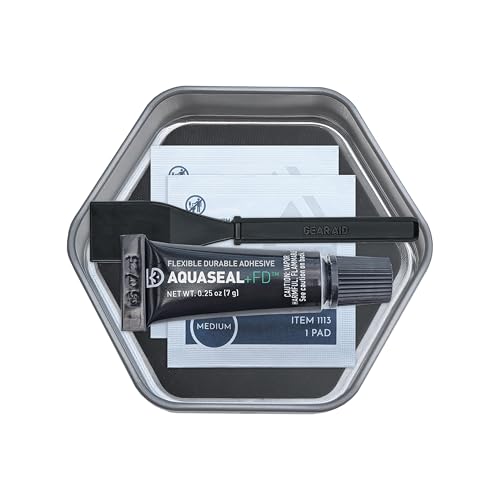 GEAR AID Aquaseal FD River & Sea Repair Kit – Waterproof 0.25 oz Adhesive with Four Tenacious Tape Hex Patches (2.5", Black and Clear) for Fixing Holes in Waders, Boots, Inflatables, and Outdoor Gear - size: 0.25 Fl Oz Deluxe (1 Pack)