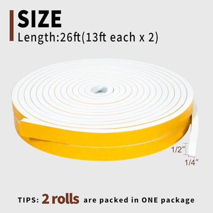 Yotache White Doors Windows Insulation Tape 1/2" x1/4", Foam Weather Stripping Gasket Tape Seal for Draft, Soundproofing, Total 26 Feet Long (2 X 13 Ft Each) - size: 1/2"x1/4"x 26FT