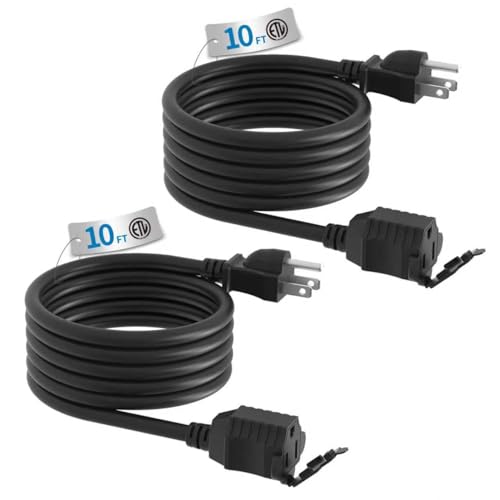 TiFFCOFiO Indoor Outdoor Extension Cord Waterproof, 10 Feet 3 Prong Power Cord for Home and Garden, 16 AWG, 13A/1625W, ETL Listed, 2 Packs - size: 10 FT