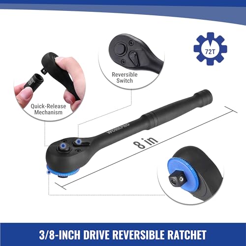 WORKPRO 39PC Drive Socket Wrench Set, 1/4'' & 3/8'' Sockets Kit, 3/8" Ratchet, Extension Bar, Spinner Handle & Adapter, Premium Black Phosphate Finish Mechanics Tool Set with Tool Box, Metric & SAE - color: Black