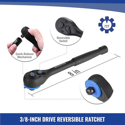 WORKPRO 39PC Drive Socket Wrench Set, 1/4'' & 3/8'' Sockets Kit, 3/8" Ratchet, Extension Bar, Spinner Handle & Adapter, Premium Black Phosphate Finish Mechanics Tool Set with Tool Box, Metric & SAE - color: Black