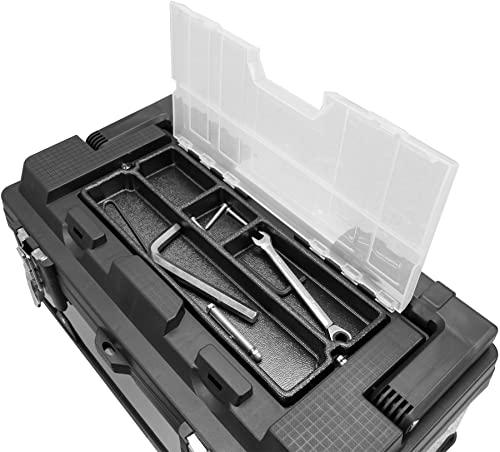 18" Stainless Steel Portable Storage Tool Box Organizer with Metal Lock, Clear Lid Compartments, and Removable Tray - Stainless Steel/Black - style: 19 inch Stainless Steel & plastic toolbox