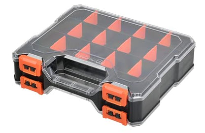 TACTIX 34 Compartments Double-Sided Tool Organizer, Toolbox with 14 Adjustable Dividers & Transparent Lids, Portable Hardware Storage Box for Screws, Nuts, Fishing Accessories (Black/Orange) - style: Double-sided PP Organizer