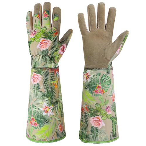 HANDLANDY Leather Gardening Gloves for Women, Scratch Resistant Breathable Ladies Rose Pruning Garden Gauntlet Yard Gloves, Gift for Gardeners (Khaki, S) - color: Khaki, size: Small (Pack of 1)