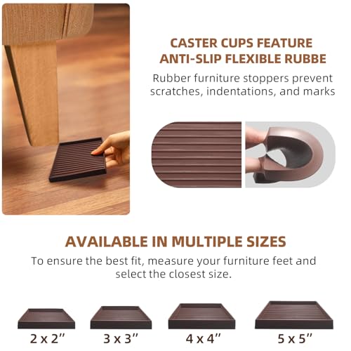 CalPalmy Non-Slip Furniture Pads - Set of 8 Brown 5x5 Square Rubber Anti-Skid Caster Cups for Couch, Chair, Bed, and Furniture Legs - Durable Floor Grip Coasters to Prevent Sliding - size: 5" x 5"
