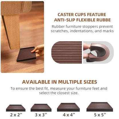 CalPalmy Non-Slip Furniture Pads - Set of 8 Brown 5x5 Square Rubber Anti-Skid Caster Cups for Couch, Chair, Bed, and Furniture Legs - Durable Floor Grip Coasters to Prevent Sliding - size: 5" x 5"
